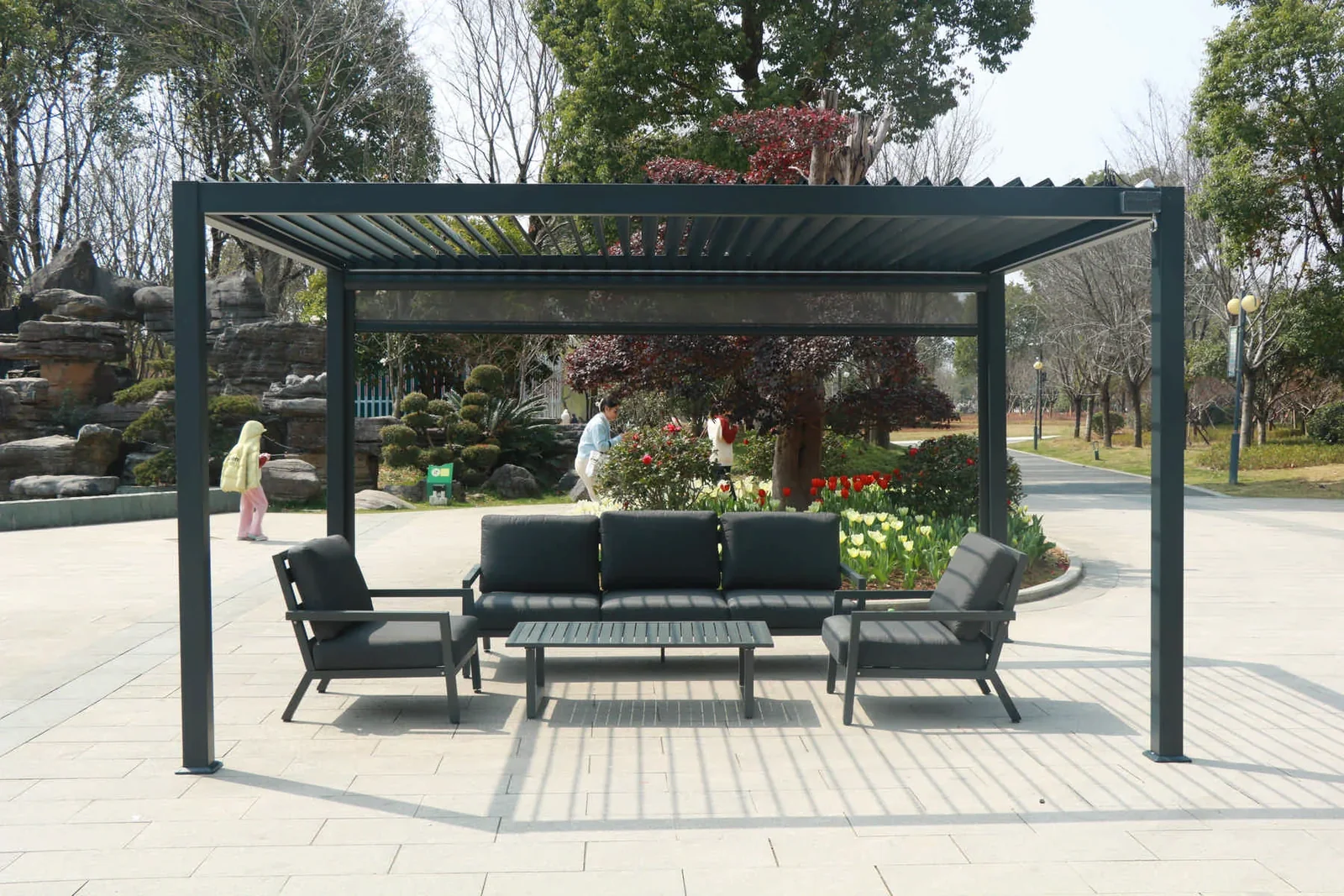 Pergola with coordinated outdoor lounge furniture